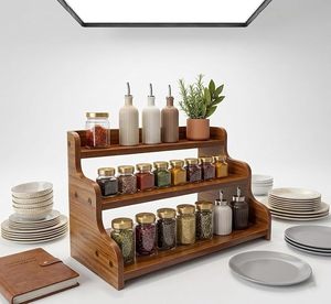 3 Tier Bamboo Spice <b>Rack</b> Expandable Organizer Foldable <b>Bottles</b> Holder for Kitchen Cabinet Countertop - Product Image 2