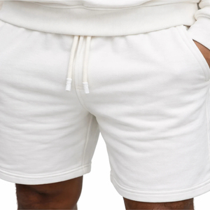 Custom <b>Men's</b> Casual Off <b>White</b> <b>Sweatshirt</b> And Shorts Tracksuit Set Fleece Pullover Matching Drawstring Shorts Set Wholesale OEM - Product Image 5