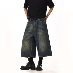 Pantalones Cortos de Mezclilla de Algodón Lavado Oscuro, Estilo Vintage, Holgados y Desgastados, Personalizados, para Hombre, Moda Urbana de Verano - Product Image 3