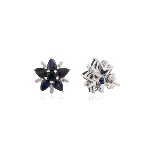 Elegant Floral Round & Pear Cut Authentic Blue Sapphire & Diamond Minimalist 925 Solid <b>Silver</b> <b>Stud</b> Earrings For Women & Girls - Product Image 5
