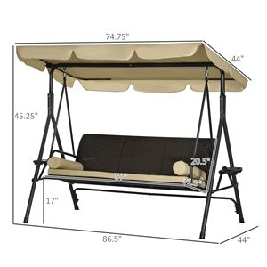 Dondolo da veranda a 3 posti color kaki con tettuccio regolabile e cuscini rimovibili - Product Image 3