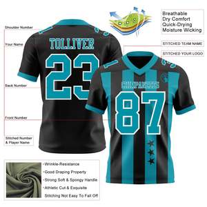 Camiseta de Fútbol Americano Elite Negra con Rayas Teal, Malla Transpirable Bird Eye, Logotipo Personalizado, Colores del Equipo, Nombre, Número, Fabricante - Product Image 2