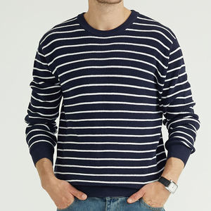 Pull-over en tricot pour homme, fabriqué sur mesure par une usine de tricots, hiver, 100% coton biologique, bleu marine rayé, col rond, long, pour homme - Product Image 1