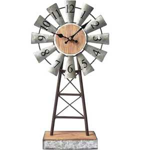 Rustic Windmill <b>Table</b> <b>Clock</b> Wooden Center Metal Blades Numbered Design Brown Frame Rectangular Base Farmhouse Vintage Artistic - Product Image 1