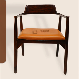 Fauteuil nordique moderne du milieu du siècle, 100% bois massif, avec assise et dossier en cuir véritable souple, pour salle à manger - Product Image 1