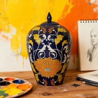 Qianrui Jarre en céramique de luxe peinte à la main, style Art déco, motif floral, ovale, 3-4L, avec couvercle, vase de table, décoration de Pâques pour la maison