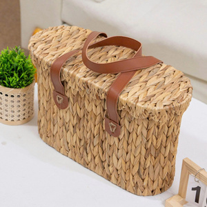 Cesta de Almacenamiento Personalizada de Jacinto de Agua, Tejida a Mano, con Asas de Cuero Vegano, Divisor Extraíble, Diseño Festoneado - Almacenamiento de Alimentos de Lujo - Product Image 2