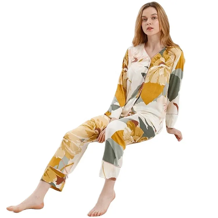 Conjunto de Pijama largo de punto para mujer, ropa de dormir informal para el hogar, venta al por mayor