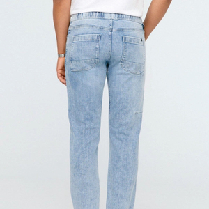 Men Light Blue Straight Fit Casual <b>Jeans</b> <b>Elastic</b> <b>Waist</b> Stonewashed Cotton Breathable Summer Pants - Product Image 1