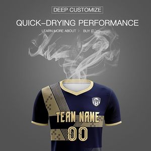 Uniforme de Fútbol Personalizable para Hombre, Color Azul Marino y Dorado, Impresión por Transferencia de Calor, Cuello en V, Manga Corta, Resistente al Viento, Secado Rápido, Poliéster - Product Image 4