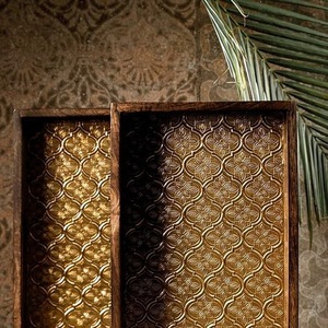 Plateau de service en bois d'acacia écologique et durable |   Grands plateaux décoratifs en bois massif pour le petit-déjeuner - Product Image 2