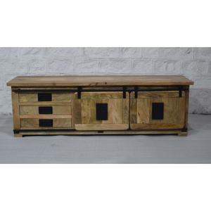 Meuble TV compact rustique en bois de manguier massif de style industriel 3 tiroirs 2 portes coulissantes réglables pour le rangement de meubles de maison - Product Image 2