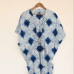 Vestido Maxi Kaftan Bohemio de Alta Calidad, Ecológico, 100% Algodón, con Encaje, Tie Dye, Cintura Elástica, Mangas Dolman y Cuello en V - Product Image 1