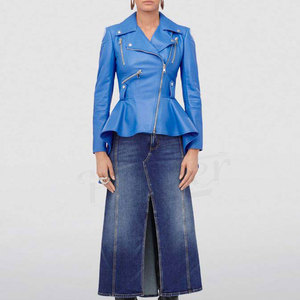 Women's Blue Leather Moto Jacket With <b>Zipper</b> And Peplum Hem Regular Length Full Sleeve Spread Collar Autumn Style - Product Image 4
