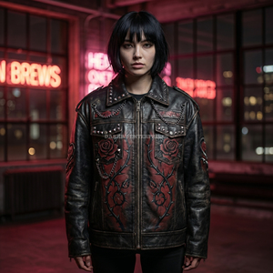 Chaqueta de Cuero de Oveja Auténtica Negra y Roja para Mujer, Estilo Punk con Tachuelas y Cadena, Chaqueta de Motera con Bordado de Corazón y Rosa, Ropa Exterior B2B - Product Image 2
