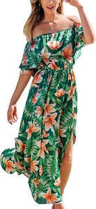 Robe longue d'été florale à volants pour femme, épaules dénudées, manches courtes, dos nu, corsage à volants, ourlet fendu, robes de plage - Product Image 2