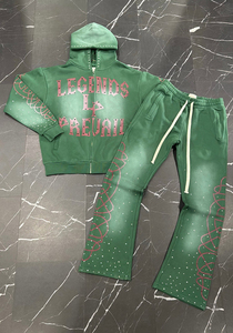Custom Factory Luxury Rhinestone Acid Wash Sun Faded Screen Print <b>Zip</b>-Up Hoodie Sweatshirt and Joggers Flared Sweatpants Set - Product Image 3