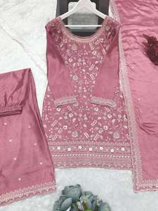Ensemble haut et palazzo rose pâle avec dupatta, broderie de fils et sequins, style designer Chinon 72544 - Product Image 5