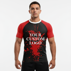 Custom <b>Men</b> s Rash Guard Short Sleeve Black Red Sublimation Print Quick Dry Outdoor Surfing <b>Shirt</b> Front Logo Design - Product Image 1