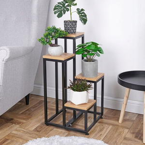 Support à fleurs moderne en métal avec plateau en bois, design carré, présentoir pour plantes d'intérieur, style minimaliste, finition thermolaquée - Product Image 3