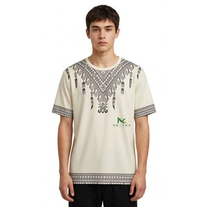 Custom <b>Cream</b> Black Tribal Necklace Print <b>T</b>-<b>Shirt</b> Men's Streetwear Cotton Jersey Tee Geometric Art OEM Factory Wholesale - Product Image 1