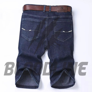 Men's Dark Blue Denim Bermuda Shorts Mid Waist Zipper Fly Casual Style With Pockets Woven Cotton <b>Fabric</b> - Product Image 2