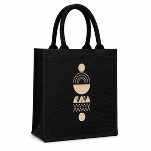 AMANI Geometric Pattern Jute Beach Tote <b>Bag</b> <b>Medium</b> <b>Size</b> Black with Gold Print Hand Length Handle West Bengal Groceries Daily Use - Product Image 1