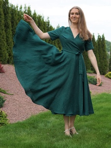 New Arrival Green Cotton Kaftan Formal V-neck Short Sleeve Midi <b>Dress</b> <b>Below</b> <b>the</b> <b>Knee</b> Wedding Guest <b>Dress</b> for Women - Product Image 2