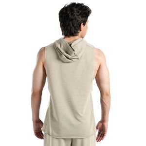 Beige Perform Hooded Tank Men's Sleeveless Gym Hoodie <b>Vest</b> Cotton Workout Training Fitness Bodybuilding <b>Stringer</b> Athletic Muscle - Product Image 3