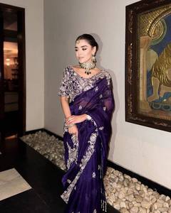 Indian Ethnic Beautiful and Elegant Saree with Embroidery Work for Partywear and Wedding Occasion for Women Fancy Trendy Outfit - Product Image 1