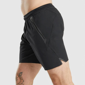 Shorts de sport noirs pour hommes avec poches zippées, séchage rapide, taille élastique, couleur unie, pour fitness, course et entraînement - Product Image 2