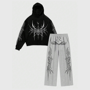 Ensemble de survêtement DTG à épaules tombantes, imprimé gothique araignée, sweat à capuche et pantalon baggy, streetwear unisexe premium, collection mode 2026 - Product Image 1