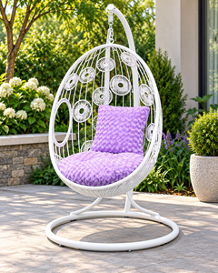 <b>White</b> PE Rattan Hanging <b>Egg</b> <b>Chair</b> with Purple Cushion Outdoor Patio Swing Contemporary Design for 1 Person - Product Image 3