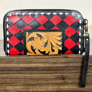 Custom Genuine Tooled Checkered Leather Zipper Wallet Western Style Floral Diamond Pattern Wristlet <b>Clutch</b> Purse for Women - Product Image 3