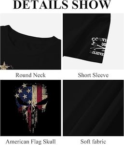 <b>Men's</b> Black Short Sleeve T-<b>Shirt</b> With American Flag <b>Skull</b> Print O-Neck Casual Regular Fit 100% Cotton Jersey Breathable - Product Image 2