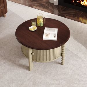 Tavolino da Caffè Rotondo Vintage Stile Mid-Century Moderno con Vano Portaoggetti, 77 cm, Tavolo da Cocktail per Soggiorno con Porta Scorrevole e Design a Doghe - Product Image 3