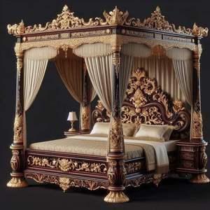 Cama con Dosel de Madera Maciza Tallada de Estilo Real Europeo de Lujo, Juego de Muebles de Dormitorio con Tapicería Personalizada, Garantía de 5 Años - Product Image 2