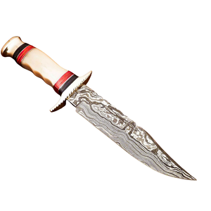 Cuchillo Bowie de Acero de Damasco Hecho a Mano con Mango de Hueso Crema, Detalles Rojo Marrón y Hoja con Patrón Plateado, Cuchillos de Caza de Hoja Fija - Product Image 4