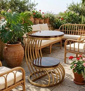 Modern Brass <b>Console</b> <b>Table</b> <b>With</b> Wood <b>Top</b> Pedestal Base Tropical Design Outdoor Courtyard Furniture - Product Image 6