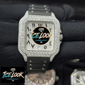 ICE LOOK นาฬิกาควอทซ์สแตนเลสสตีลทรงสี่เหลี่ยมหรูหรา ตัวเรือนประดับเพชร หน้าปัดอะนาล็อกคริสตัลแซฟไฟร์ 40 มม. แฟชั่นสำหรับผู้ชาย - Product Image 1