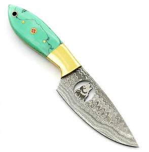 Couteau fixe de qualité supérieure en acier damas à pointe tombante, outil utilitaire d'extérieur, manche en résine composite menthe, bolster en laiton - Product Image 2
