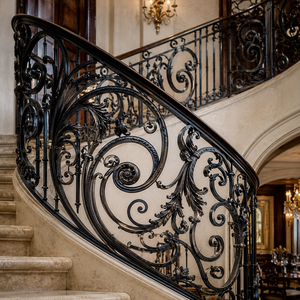 Classic Black Wrought <b>Iron</b> Stair Railing Ornate Scroll Balustrade Curved Handrail Luxury Villa Hotel Supplier - Product Image 2