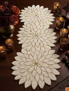 Handmade Knitted Beaded <b>Table</b> <b>Runner</b> Ivory Gold Solid Stripe Pattern Elegant Polyester Cotton Home Decoration - Product Image 1