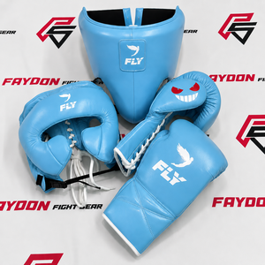 Guantes de boxeo, protector de cabeza y protector de entrepierna, conjunto de boxeo Sky Blue Fly, hecho de cuero genuino de vaca, kit de entrenamiento y sparring para adultos. - Product Image 1