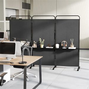 Cloison de bureau pliante à 3 panneaux avec roulettes verrouillables et 3 étagères métalliques noires - Product Image 5