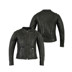 Women's <b>Leather</b> <b>Biker</b> <b>Jacket</b> Stand Collar Zipper Cuff Lace Up Zipper Pockets Regular Fit Winter Outerwear - Product Image 4