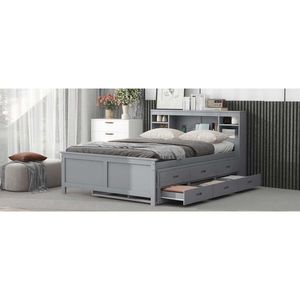 Letto matrimoniale imbottito grigio con testiera contenitore, porta USB e letto estraibile singolo con 3 cassetti - Product Image 6