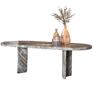 Mesa de Comedor de Lujo para Villa, Hotel o Restaurante, Modelo Sawar Toronto, Forma Ovalada con 3 Patrones de Moldura, Patas de Mármol Acanalado, Natural y Sólido - Product Image 4