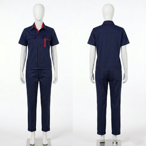 Uniforme de travail pour femmes, 240 GSM, sergé en polycoton, bleu marine, panneau contrastant rouge, manches courtes, broderie personnalisée, logo imprimé, uniforme de travail pour femmes - Product Image 1