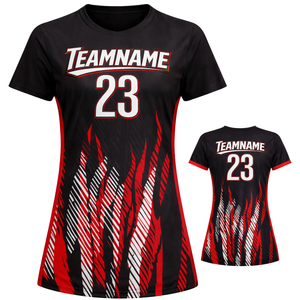 Camiseta de Fútbol Personalizada para Mujer, Diseño de Llamas en Negro y Rojo, Manga Corta, Transpirable, de Secado Rápido, Uniforme para Equipo de Fútbol Femenino - Product Image 1